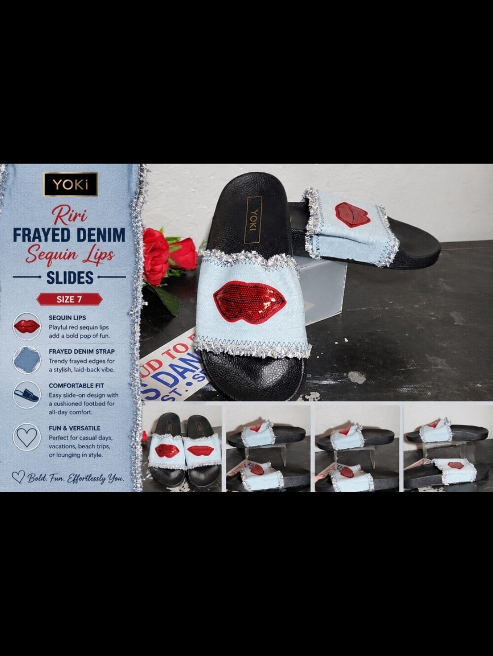 YOKI Riri Frayed Denim Sequin Lips Slides 7
